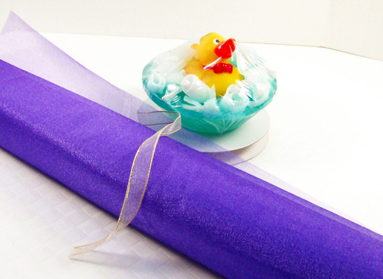 use organza wrap for odd shaped soaps, like the rubber ducky soap