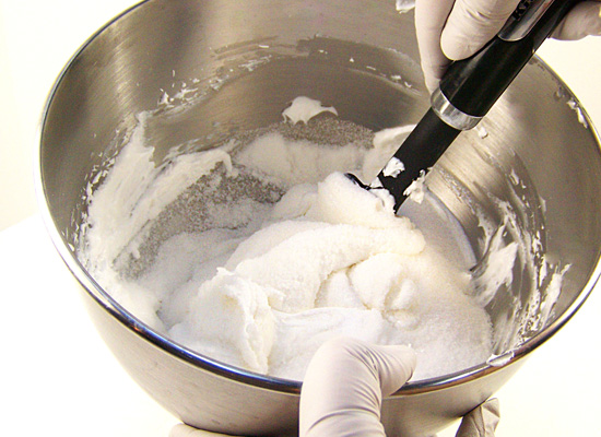 fold sugar into base - do not use your mixer