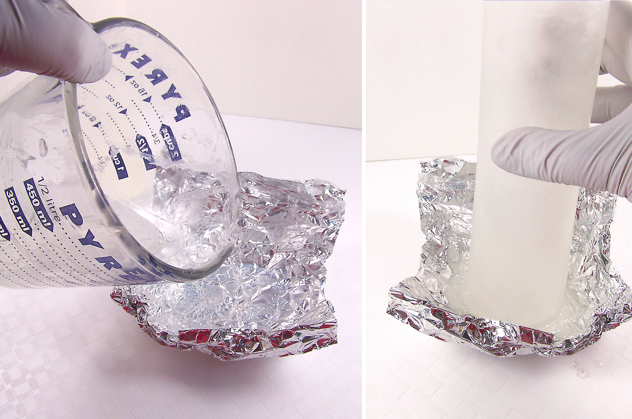 pour small amount of soap into aluminum foil and place soap roll end into soap and allow to set
